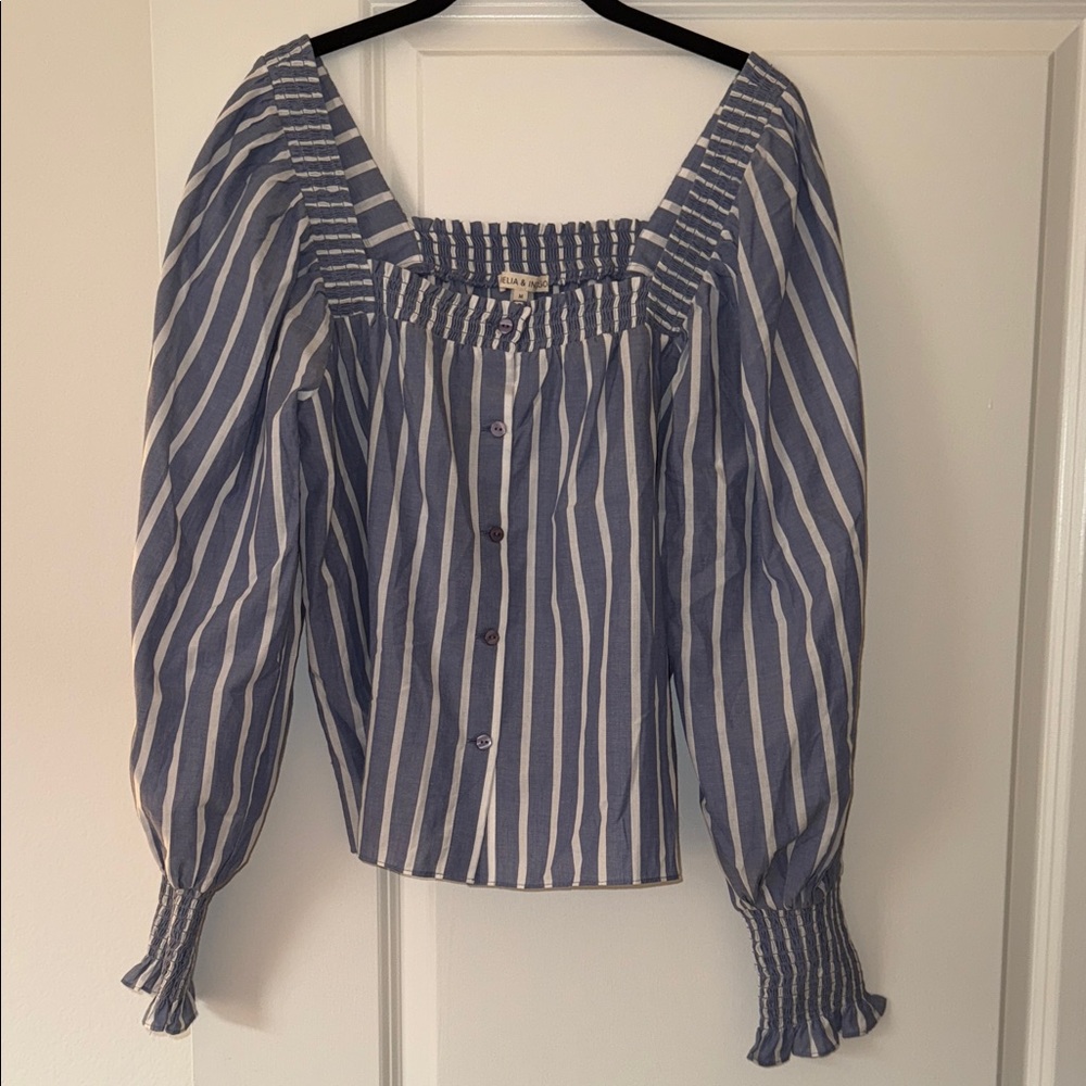 Ophelia & Indigo Striped Smocked Blue and White Top